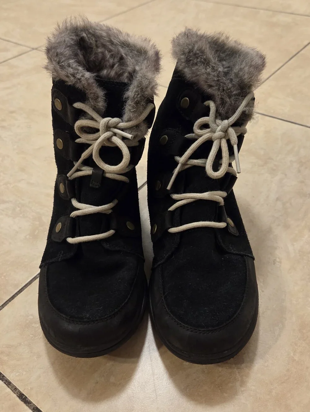 SOREL USA 8.5 EUR 39.5 Women's Black Leather Lined Snow Winter Boots Faux Fur